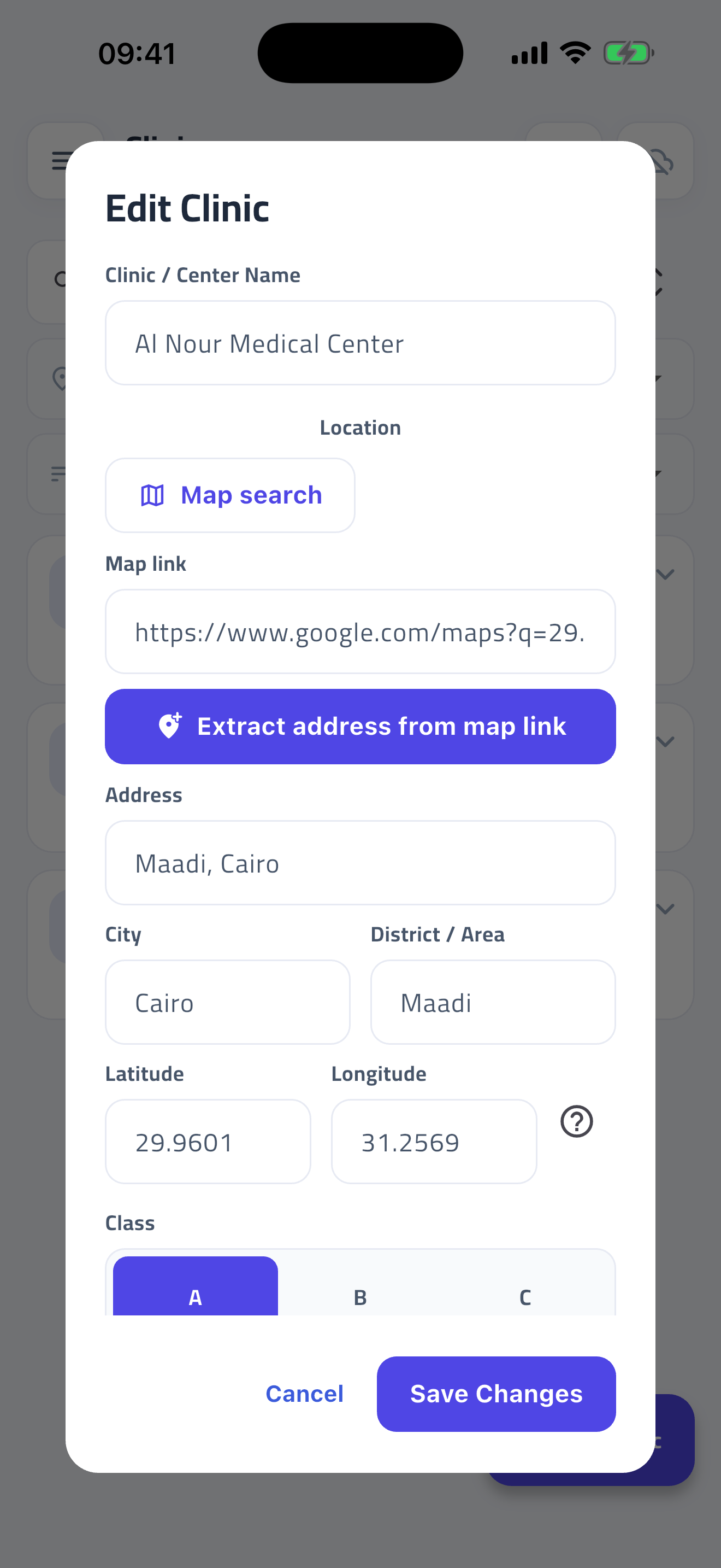 A clinic record with its map location