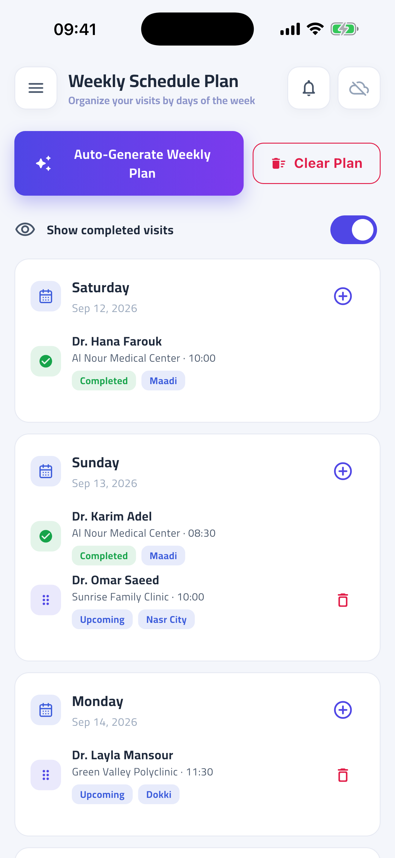 The weekly plan, built from each doctor's remaining visits